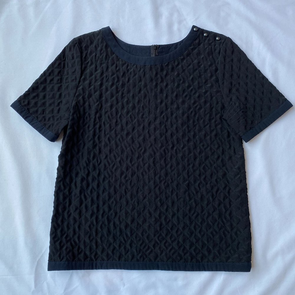 Stunning Chanel Black and Navy Quilted Silk Blouse, Pearl Buttons, Size 8?